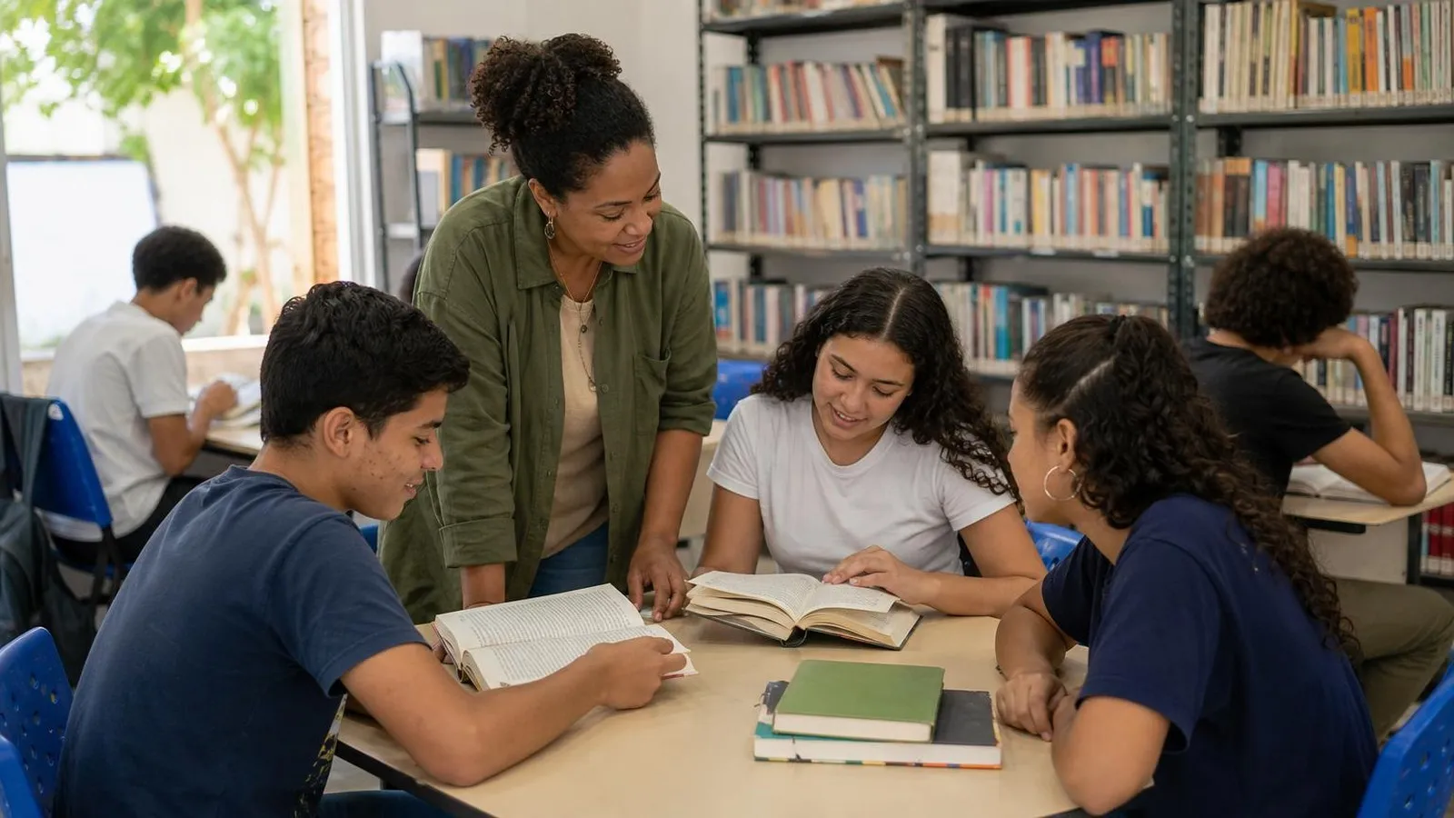 Adolescentes leem em uma biblioteca comunitária com uma educadora ao fundo.