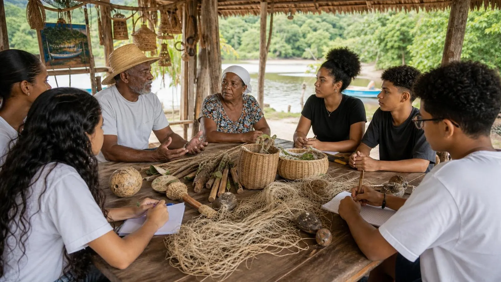 Moradores de uma comunidade tradicional conversam em uma reunião comunitária.