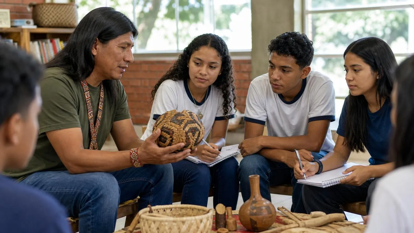 Educadora indígena conversa com estudantes em uma sala de aula contemporânea.