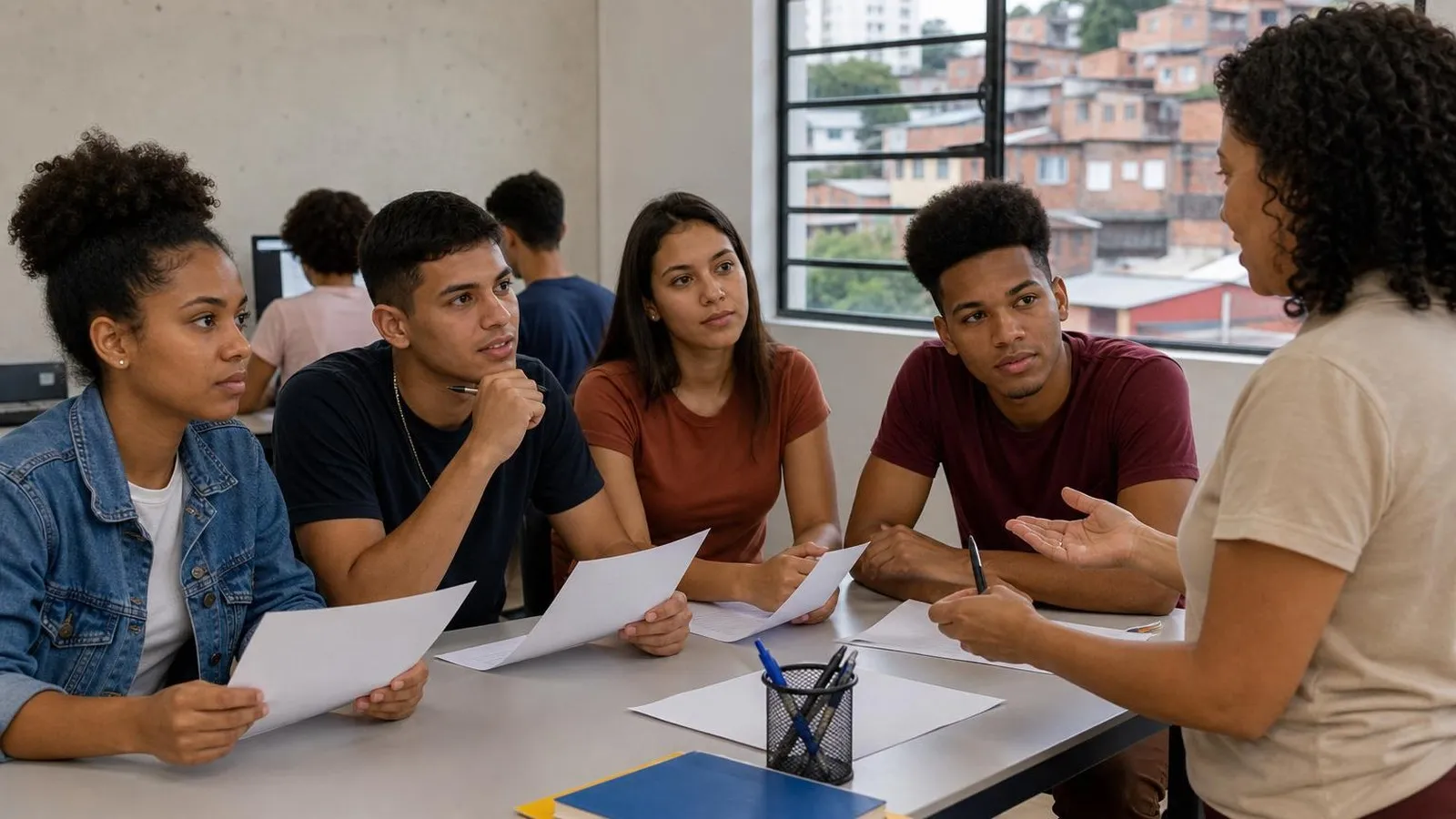 Jovens participam de uma atividade de qualificação para o primeiro emprego.