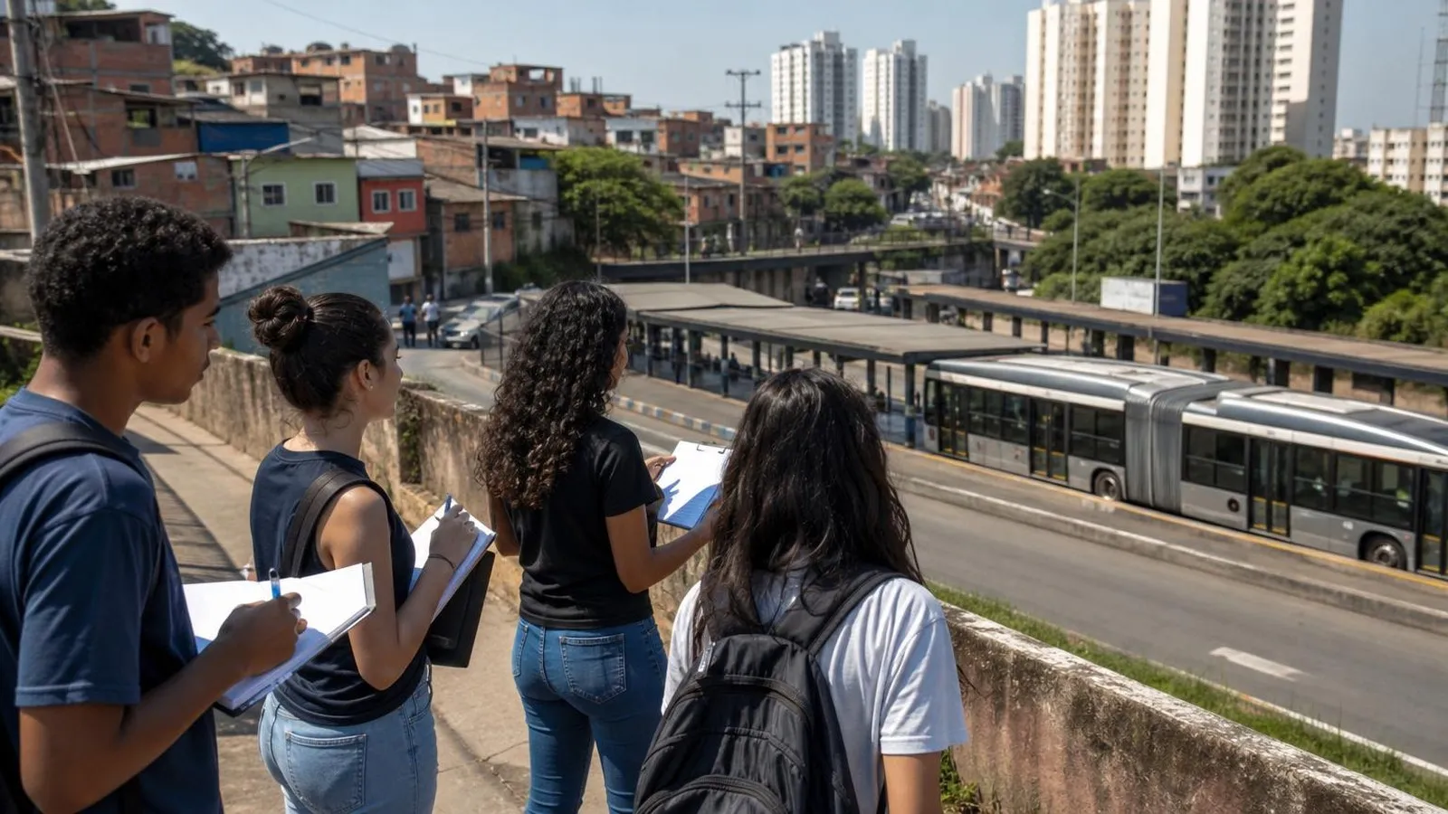 Estudantes observam contrastes urbanos durante uma atividade de campo.