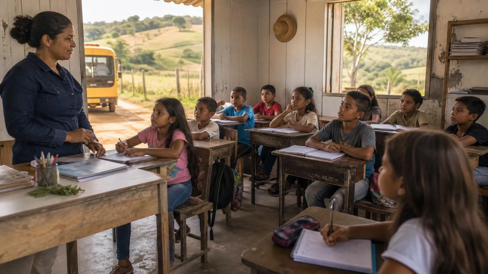 Alunos estudam em uma sala de aula rural com paisagem agrícola ao fundo.