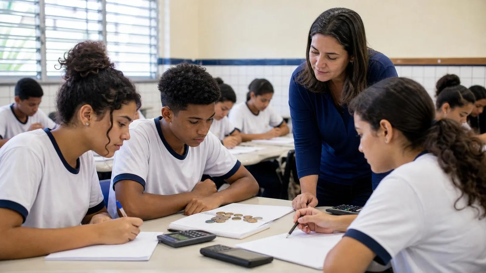Estudantes analisam materiais de educação financeira em sala de aula.