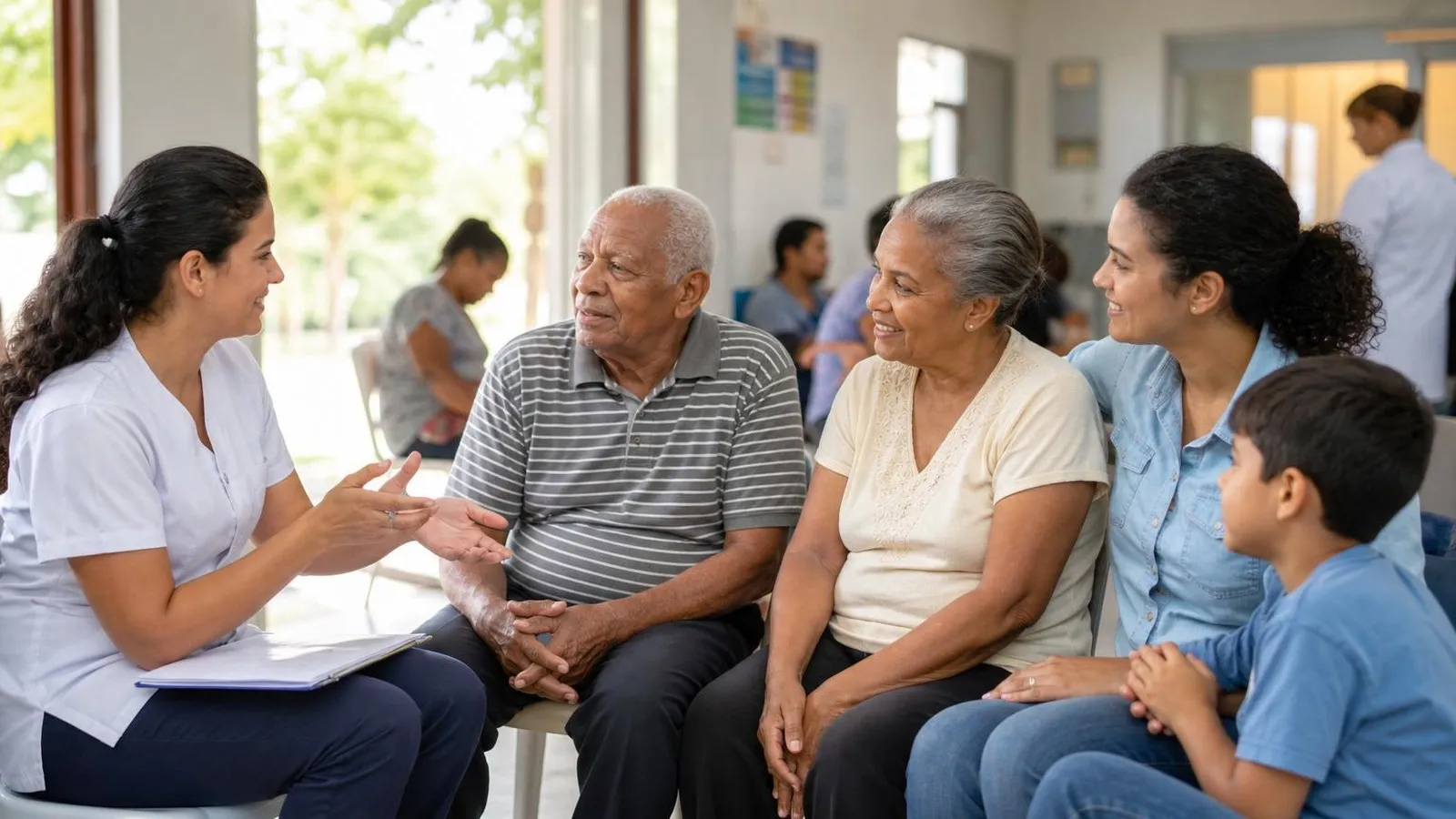 Idosos e familiares conversam com profissionais em um centro comunitário.