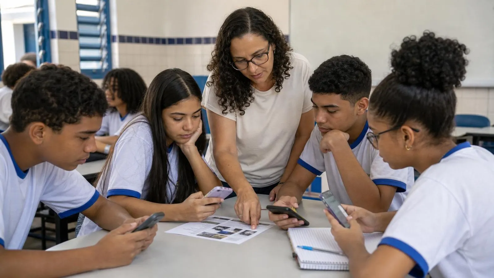 Professor orienta estudantes em uma atividade de checagem de informações.