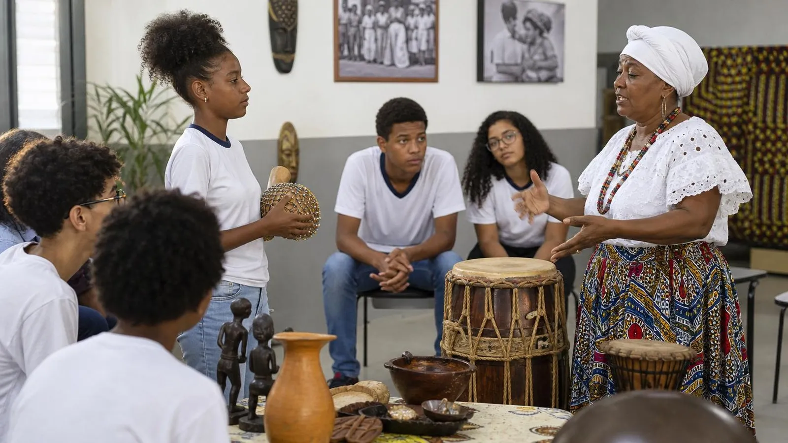 Estudantes participam de uma oficina sobre herança africana em um centro cultural.