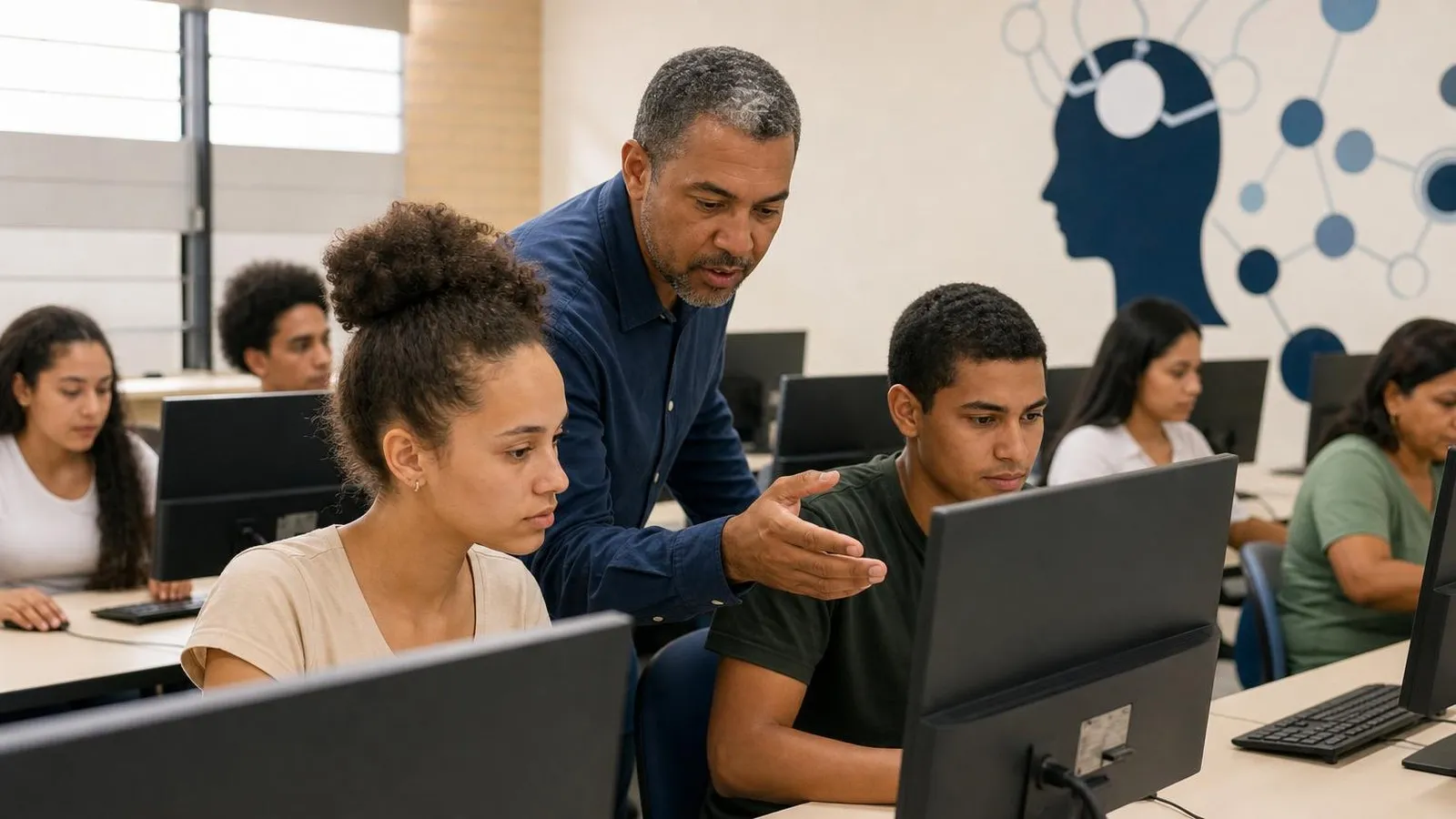 Alunos e adultos participam de uma aula sobre tecnologia em laboratório escolar.