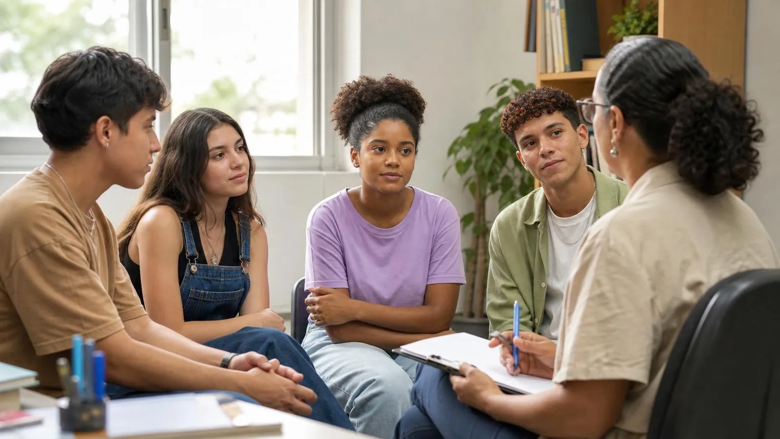 Jovens conversam com uma educadora em um espaço de acolhimento público.