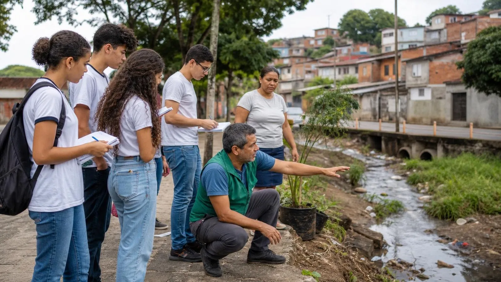 Moradores e estudantes observam uma área de drenagem em bairro urbano.