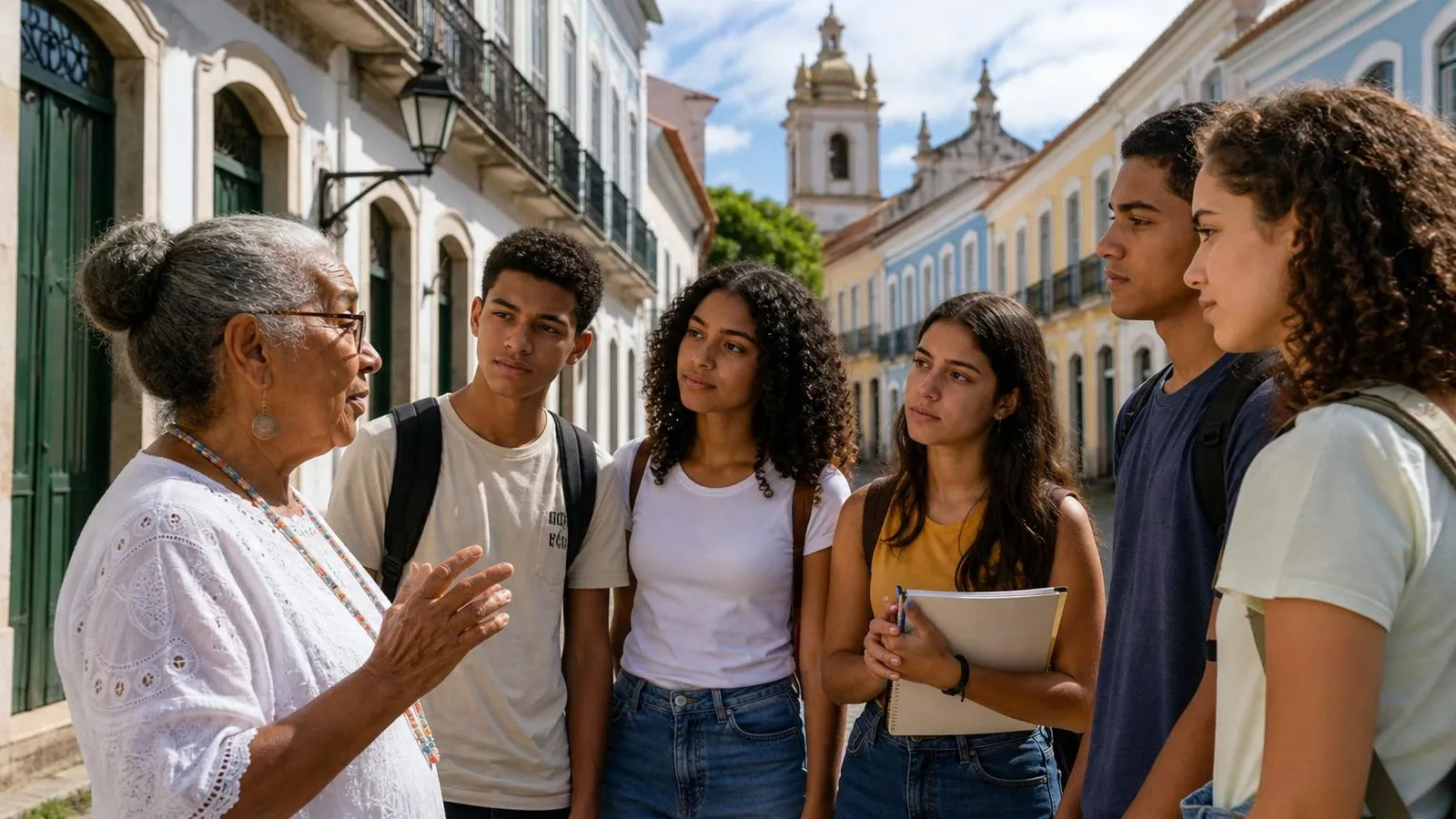 Estudantes e moradora conversam em uma rua de patrimônio histórico.