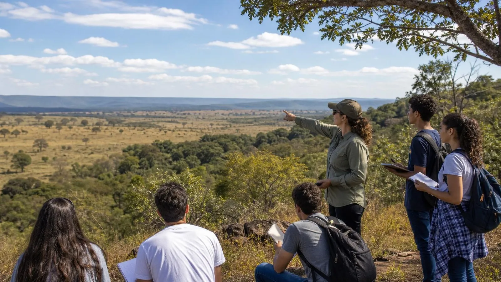 Estudantes observam a vegetação de um bioma brasileiro em atividade de campo.