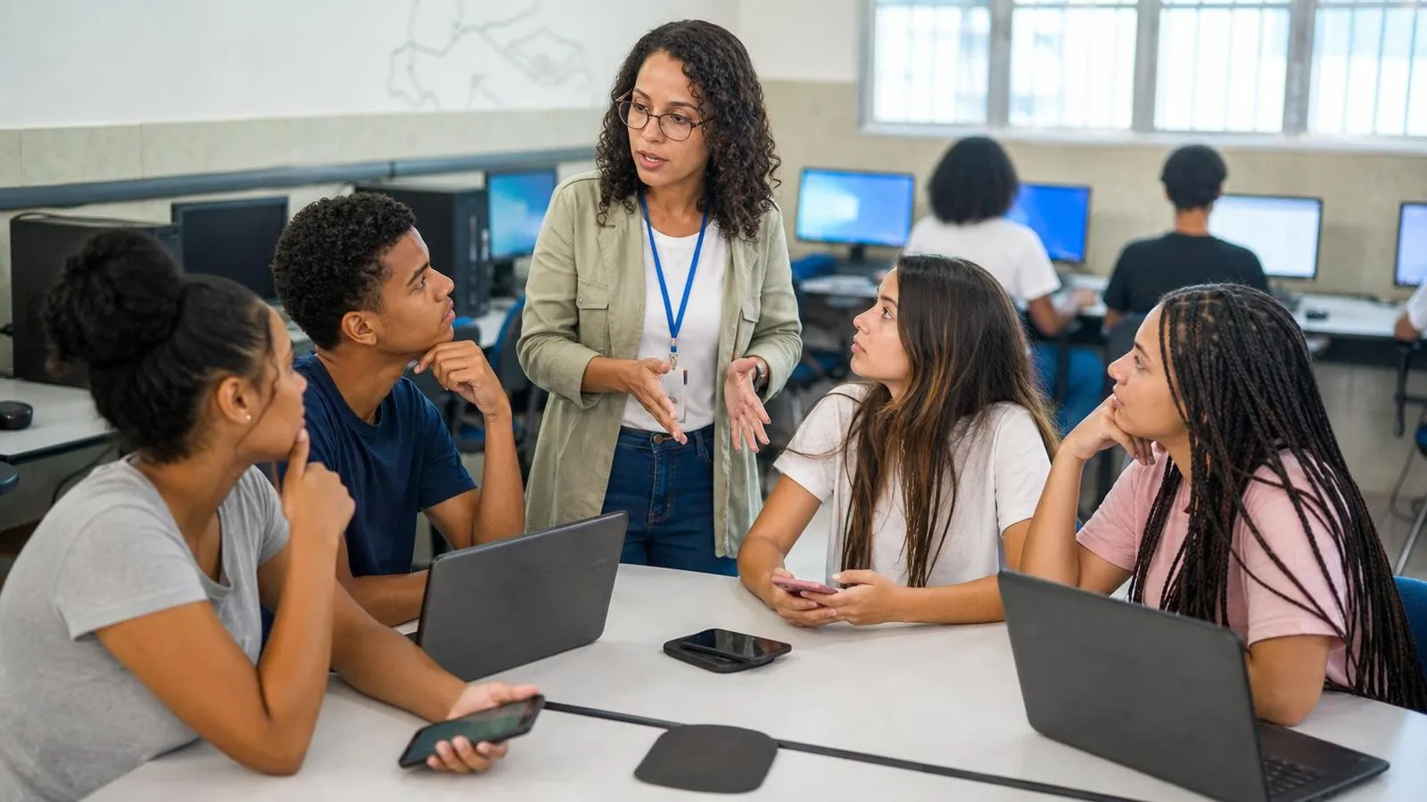 Professor conversa com jovens sobre privacidade em um laboratório de informática.