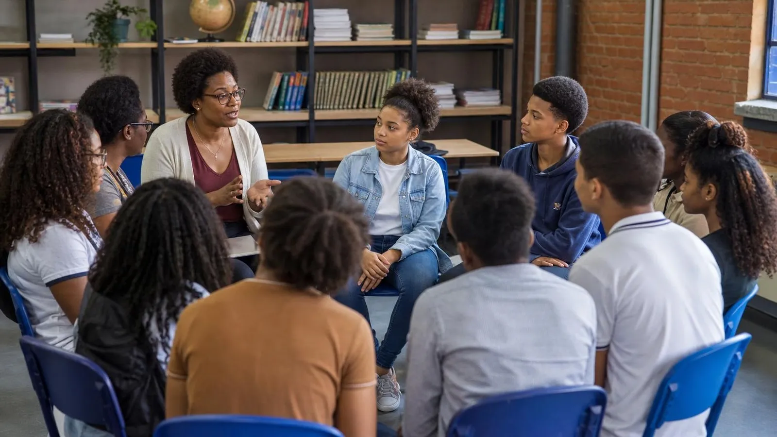 Estudantes e familiares participam de uma conversa sobre igualdade racial.