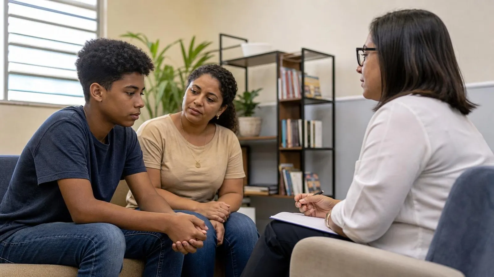 Jovem conversa com familiares e profissional em um espaço de apoio psicossocial.