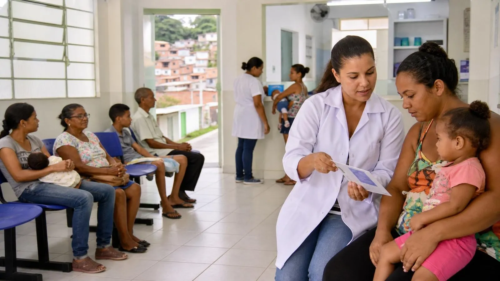 Famílias aguardam atendimento em uma unidade básica de saúde de periferia.
