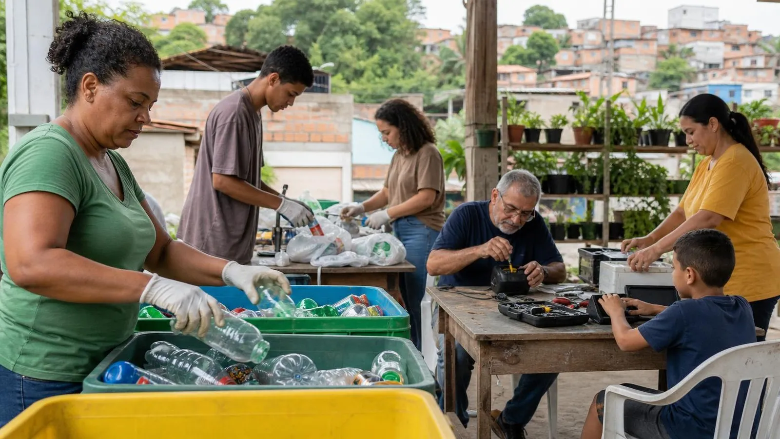 Moradores organizam materiais reutilizáveis em uma iniciativa comunitária.