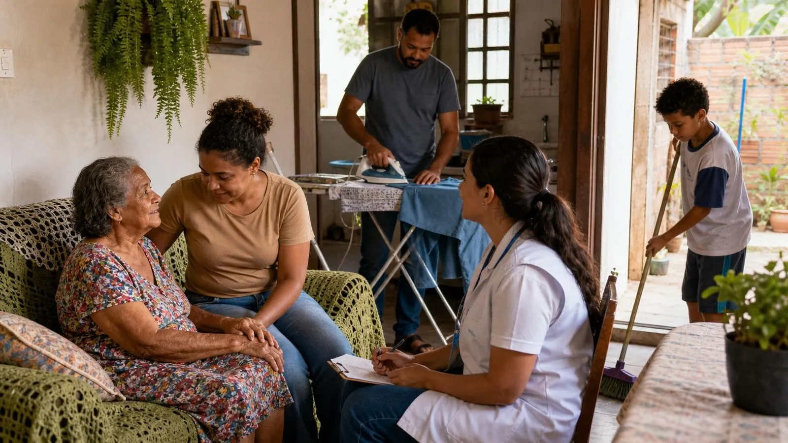 Família divide tarefas de cuidado em uma casa acompanhada por profissional de saúde.