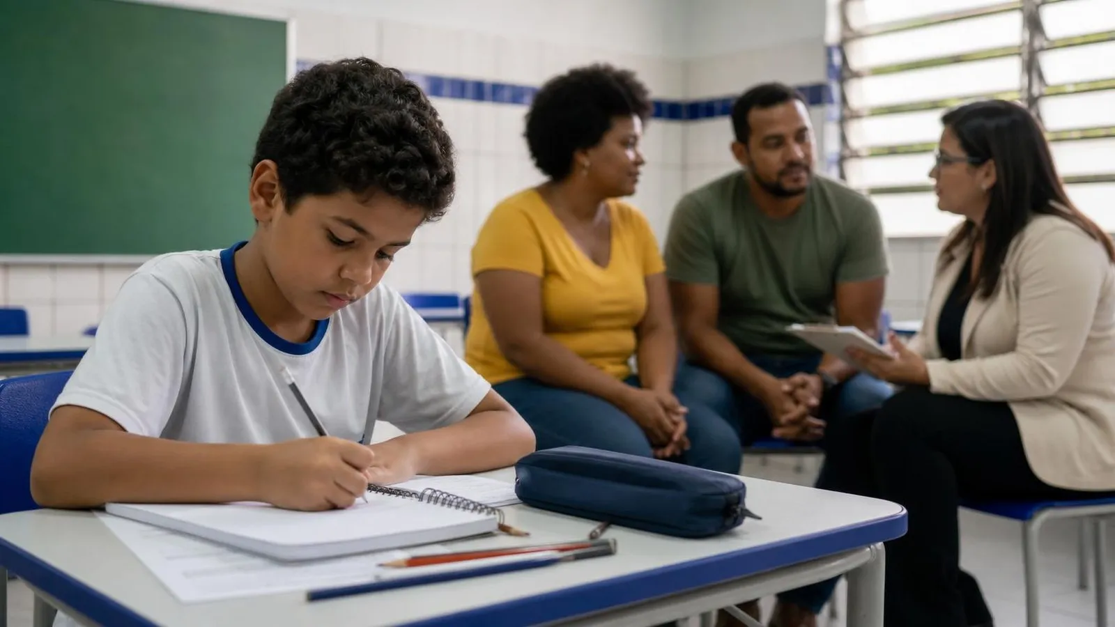 Criança estuda enquanto adultos conversam sobre proteção social ao fundo.