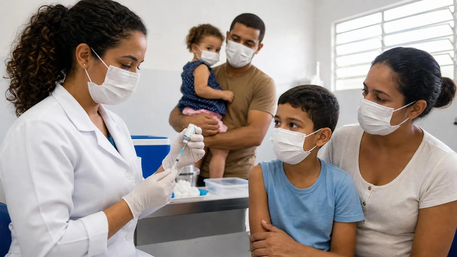 Profissional de saúde prepara vacinação em uma sala de atendimento pública.